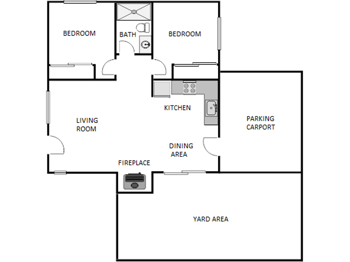 Floor plan for 2 beds, 1 bath, 675 sqft